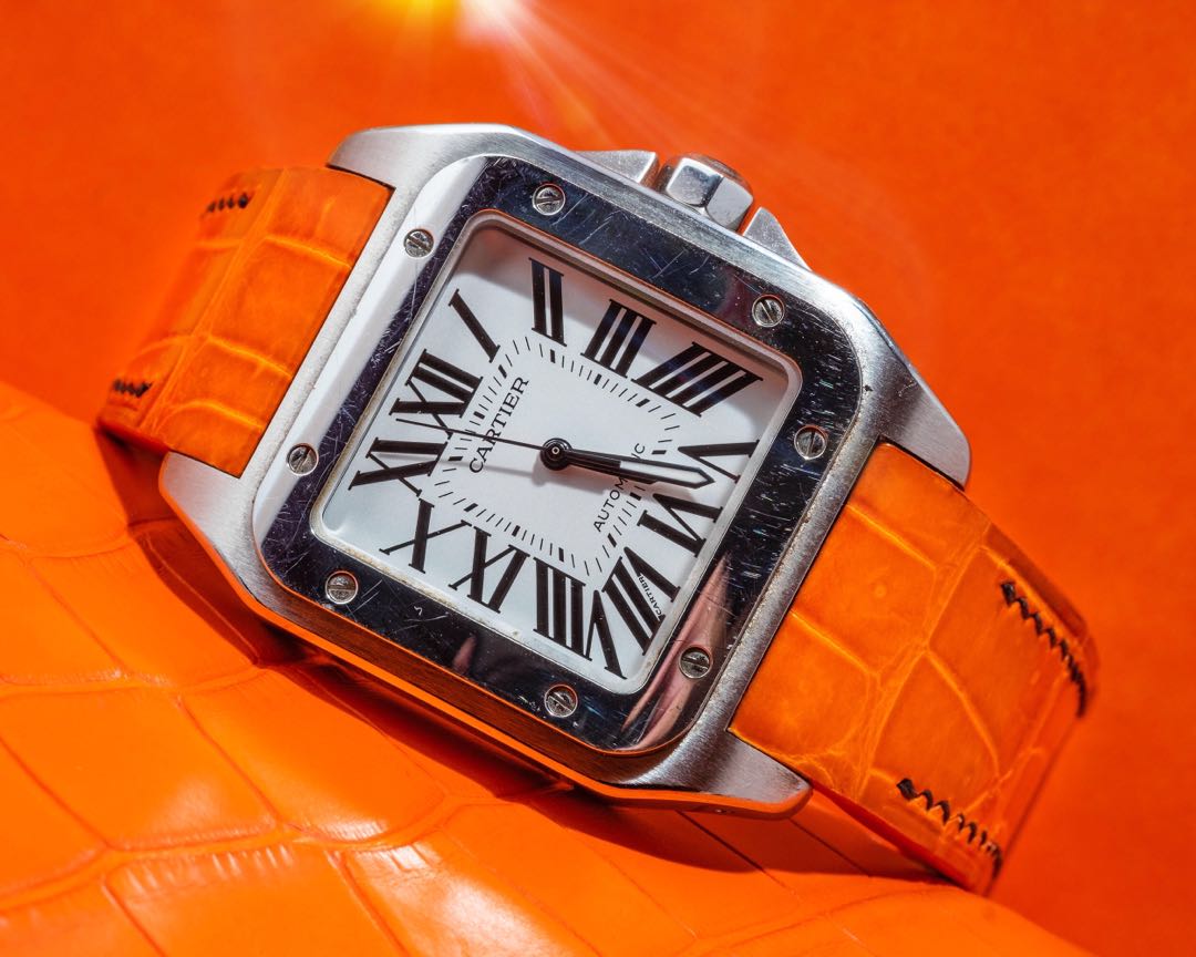 Handmade Handstitched Watch Strap In Orange Crocodile Leather For