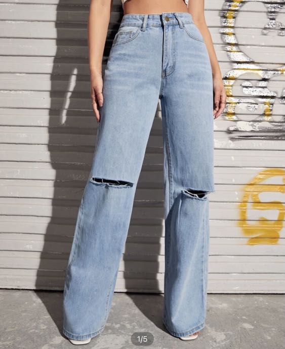 High Waist Ripped Wide Leg Jeans (Shein 