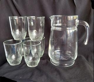 LG Florist water set, clear glass with embossed design, 1.4L pitcher & 6 x 7oz. glasses, 7 pc. set, in original box, never used