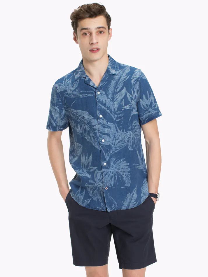 tommy hilfiger indigo leaf pattern premium linen shirt, Men's Fashion ...