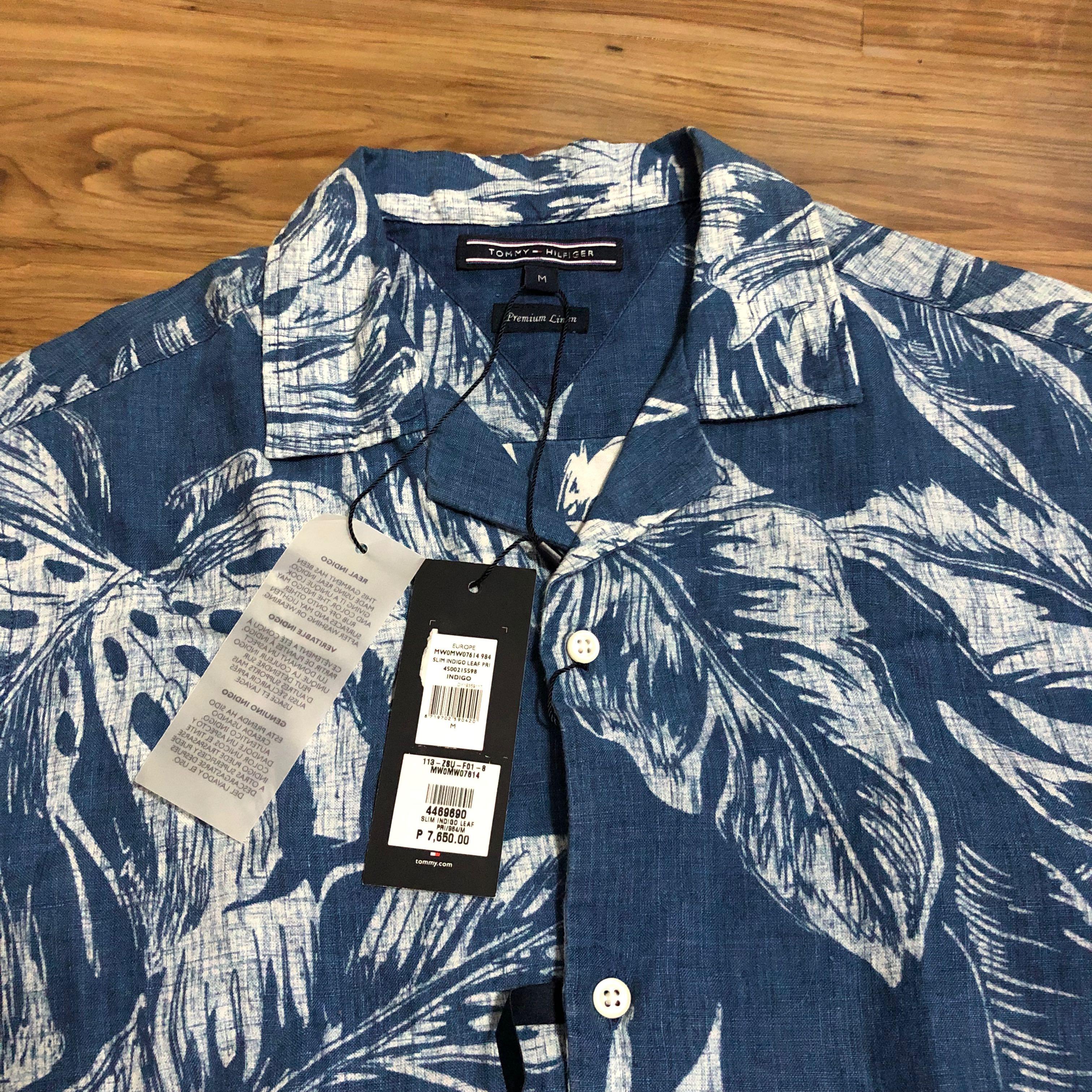 tommy hilfiger indigo leaf pattern premium linen shirt Men s