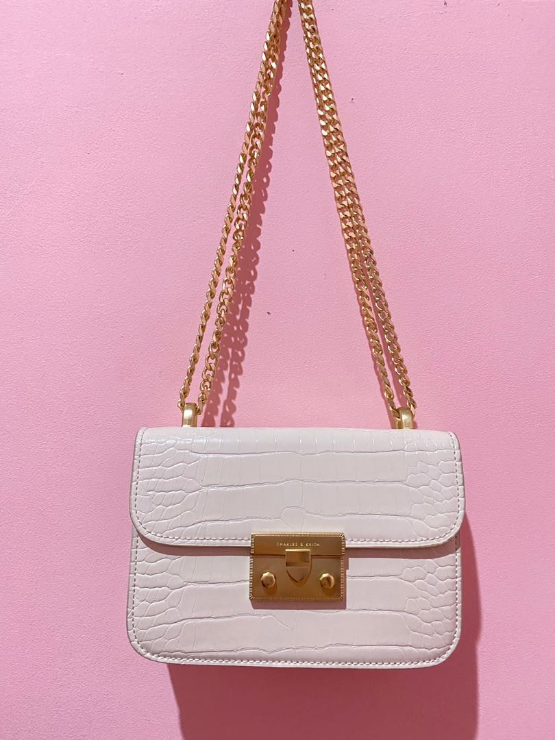 Original CrocEffect Chain Strap Crossbody Bag Chalk, Fesyen Wanita