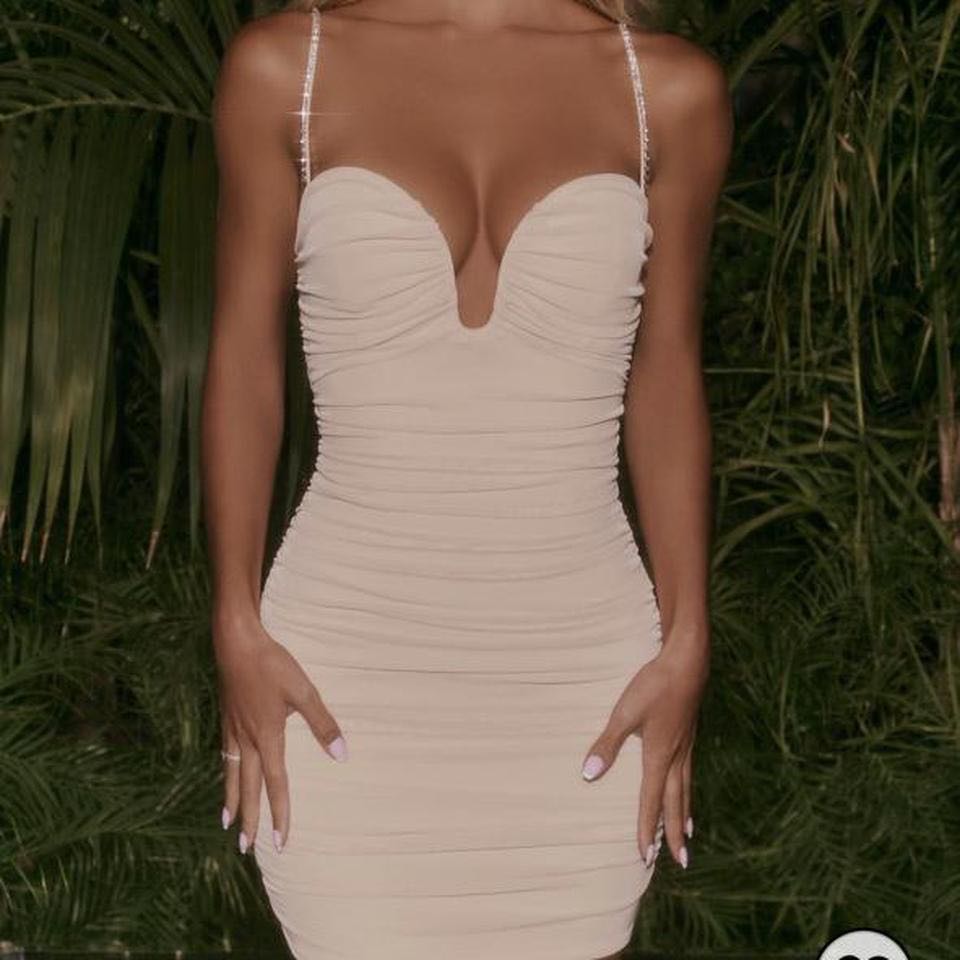 Plunge Ruched Rhinestone Bodycon Dress 