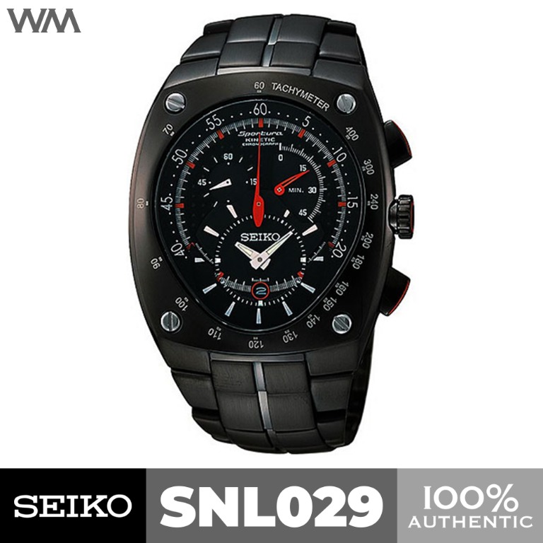 Seiko Sportura Kinetic Chronograph Black Stainless Steel Watch SNL029 SNL029P1