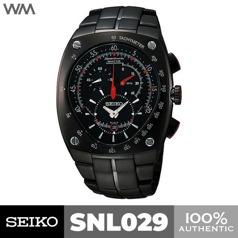 Seiko Sportura Kinetic Chronograph Black Stainless Steel Watch SNL029 SNL029P1