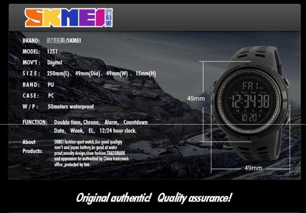 Skmei 1251 Men Sports Watches Fashion Chronos Countdown Auto Date Alarm  Men's Waterproof LED Digital Watch, Luxury, Watches on Carousell