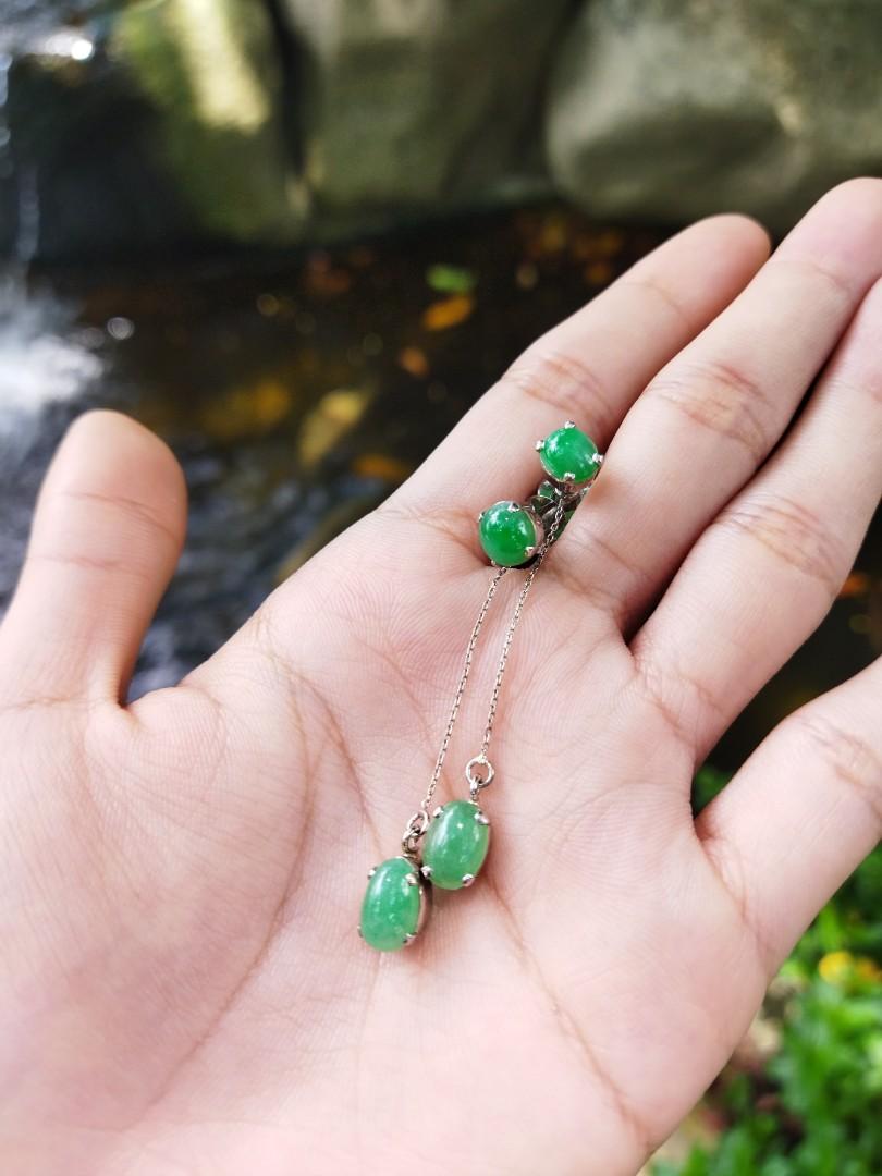 Type A apple green dangly stud Jadeite jade earrings set in