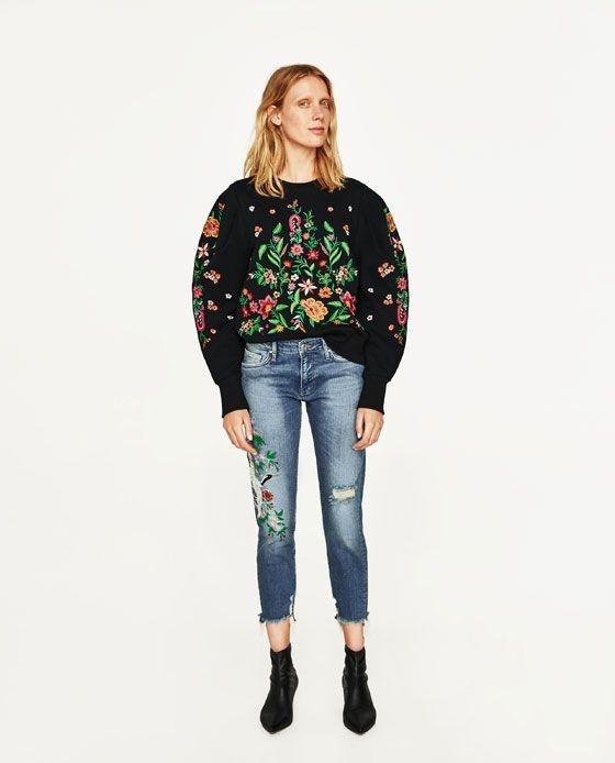 Zara Embroidered Denim Pants, Fesyen 