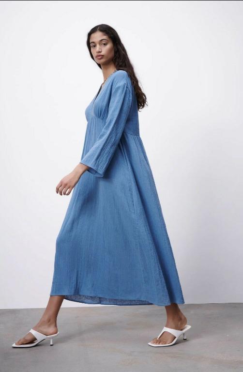 Blue linen dress zara clearance
