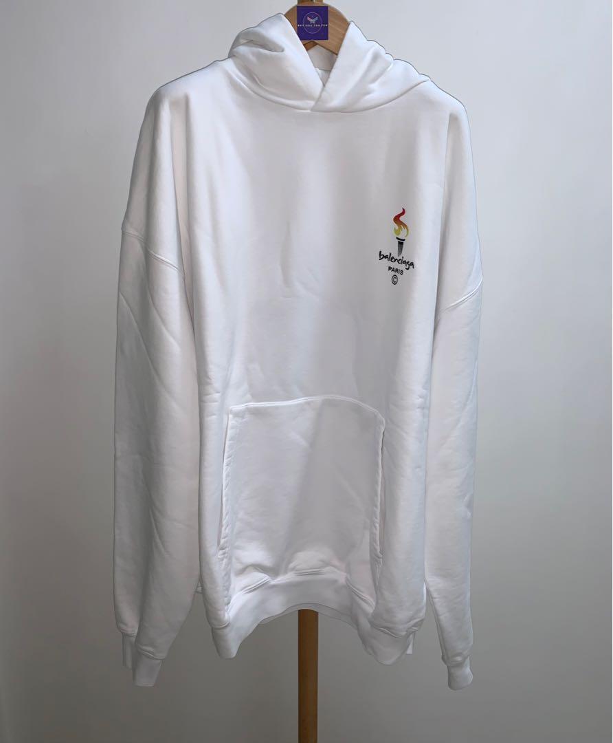 Balenciaga Embroidered Flame Torch Logo White Hoodie