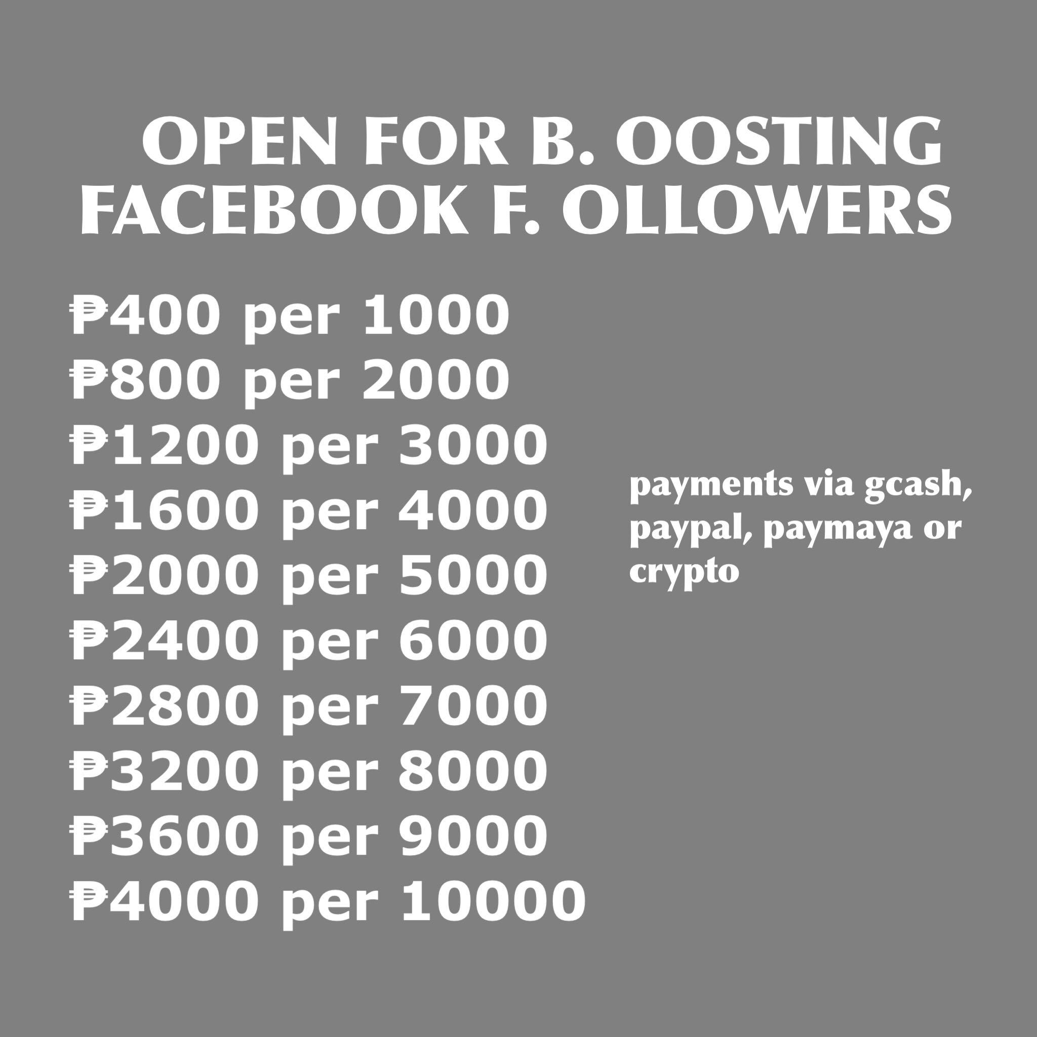 boost facebook followers + likes (Category: Game Gift Cards & Accounts) located in Tabina. Submitted by socmedsellerboost (Listing ID 1151684080, Image 1). Description: message me for more details .