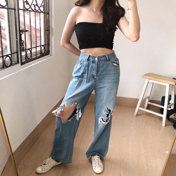 DAZY ripped wide leg jeans, Fesyen 