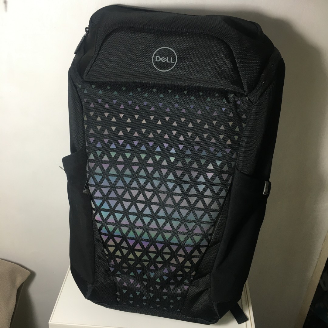 Dell black reflective gaming laptop backpack bag with rain cover