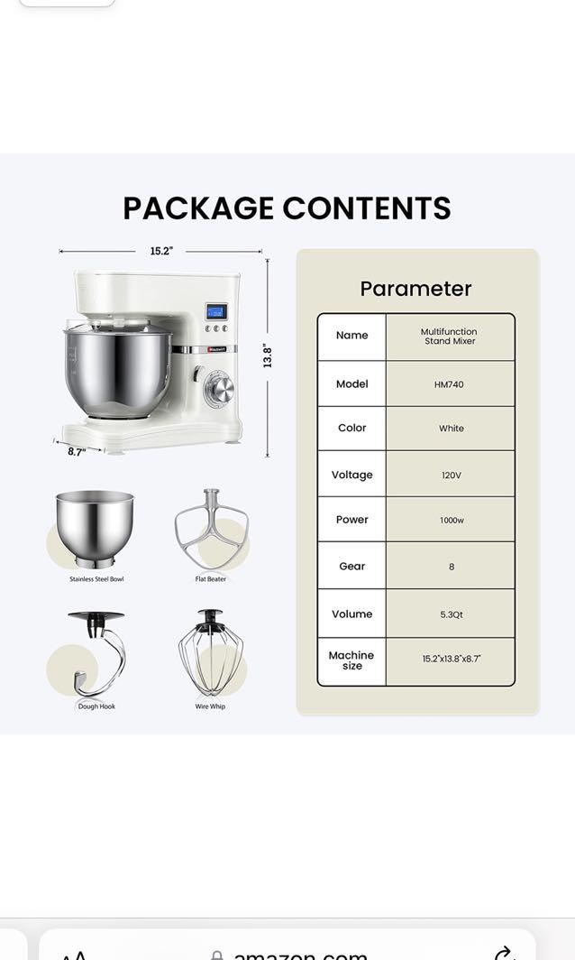 HAUSWIRT 3In1 1000w stand mixer Metal Gear TiltHead Dough Mixers
