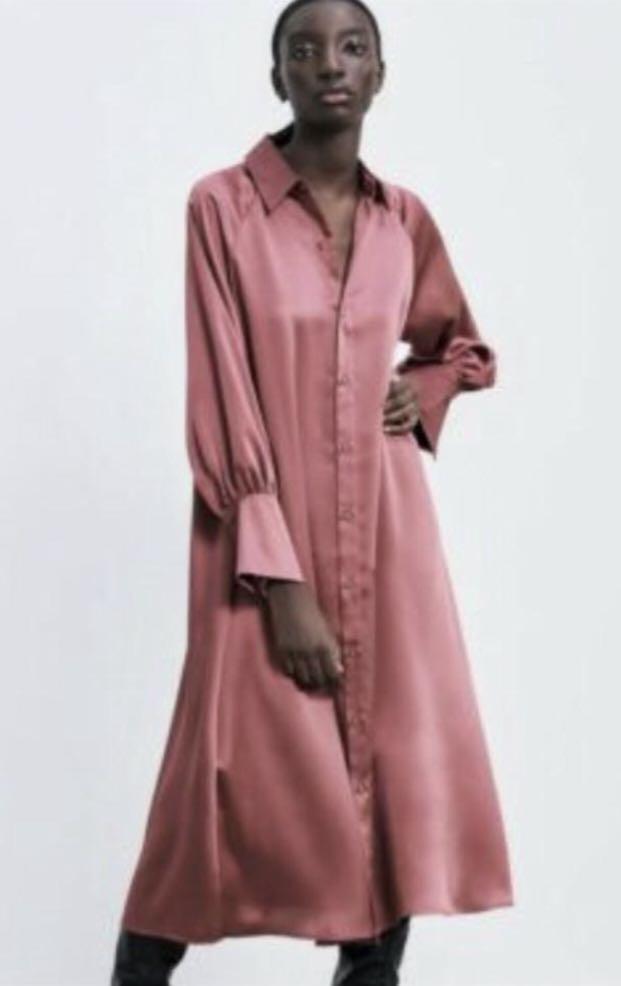 ZARA Pink Marsala Oversized Satin Effect Casual Maxi Dress