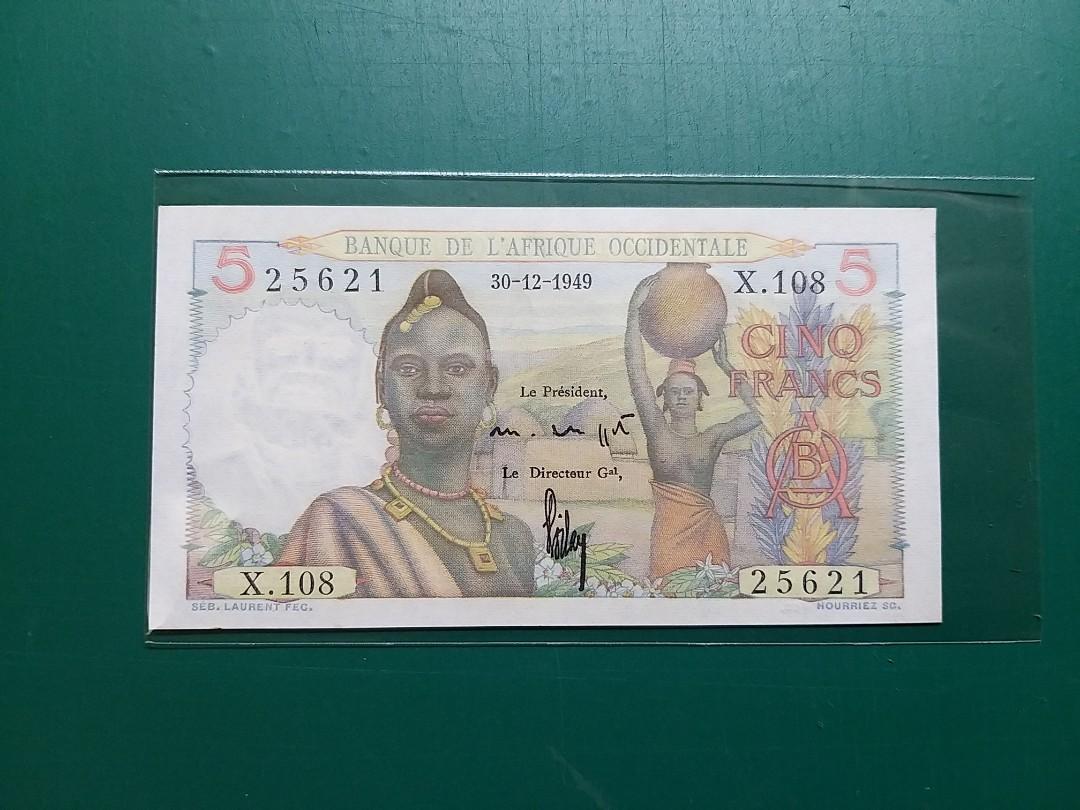 1949年{歐洲}法國(法屬西非)5法郎(非洲裸女朗)25621全新直版UNC級, 興趣及遊戲, 收藏品及紀念品, 錢幣- Carousell