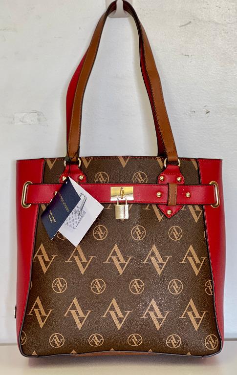 ADRIENNE VITTADINI CHOCOLATE BROWN RED SIGNATURE TOTE W LOCK