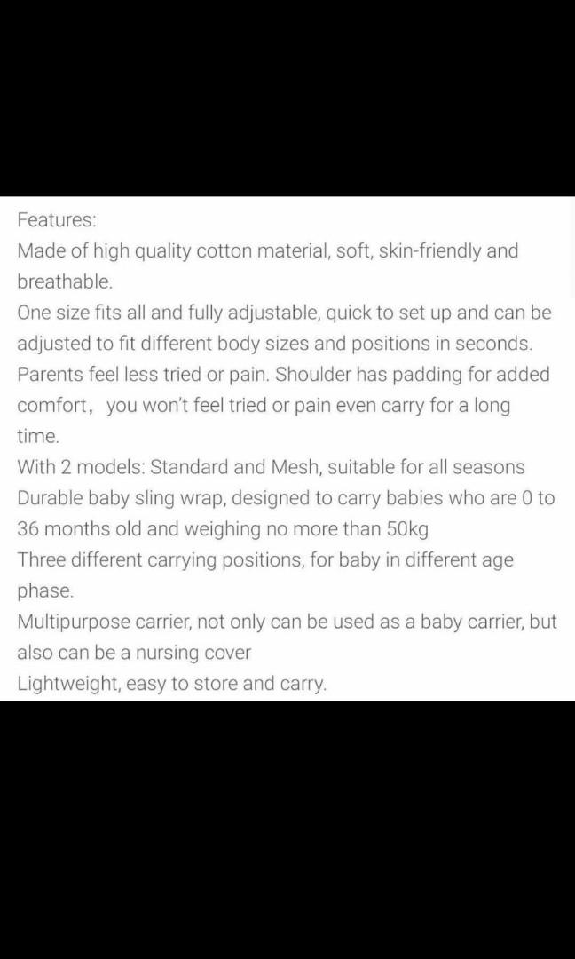 Baby Sling Carrier (Category: Kids Wardrobes & Storage) located in Taguig. Submitted by jmancera21 (Listing ID 1151892028, Image 2). Description: Never been used. di kasya si baby, sobrang haba kase ng baby ko.