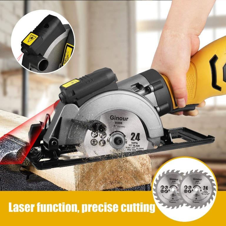 Circular Saw,ginour 750W 3600RPM Mini Circular Saw with Blades(117-125mm),  Cutting Depth 0-48mm, Cutting Slope 0~45°, Laseer Guide, Scale Ruler, Compact  Circular Saw for Wood, Tile and Soft Metal, Furniture  Home