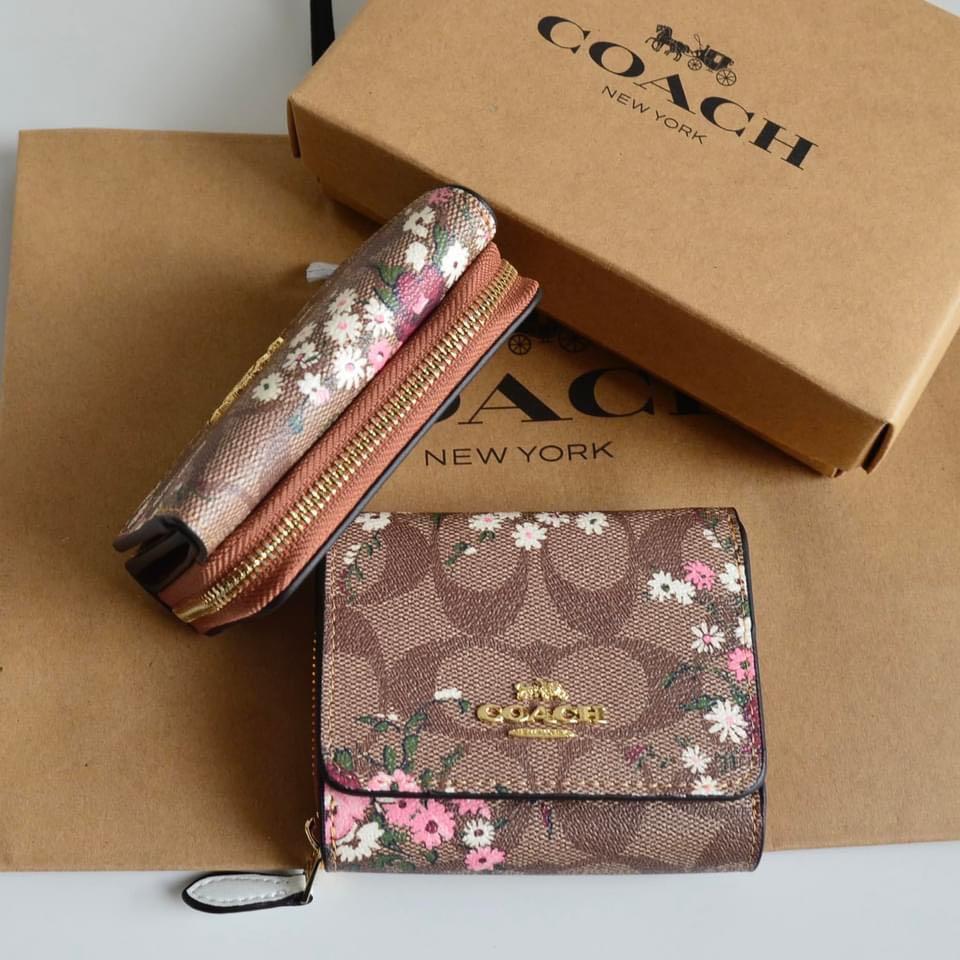 Coach, Bags, Bnwt Coach Small Trifold Wallet In Signature Canvas  Evergreen Floral Wildflower