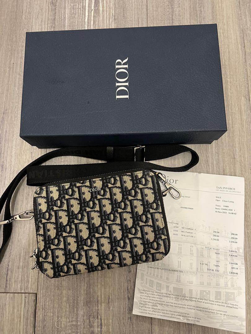 Pouch with Strap Black Grained Calfskin with CD Icon Signature  DIOR