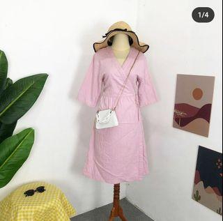 Dress korea baby pink ikat wrap kimono