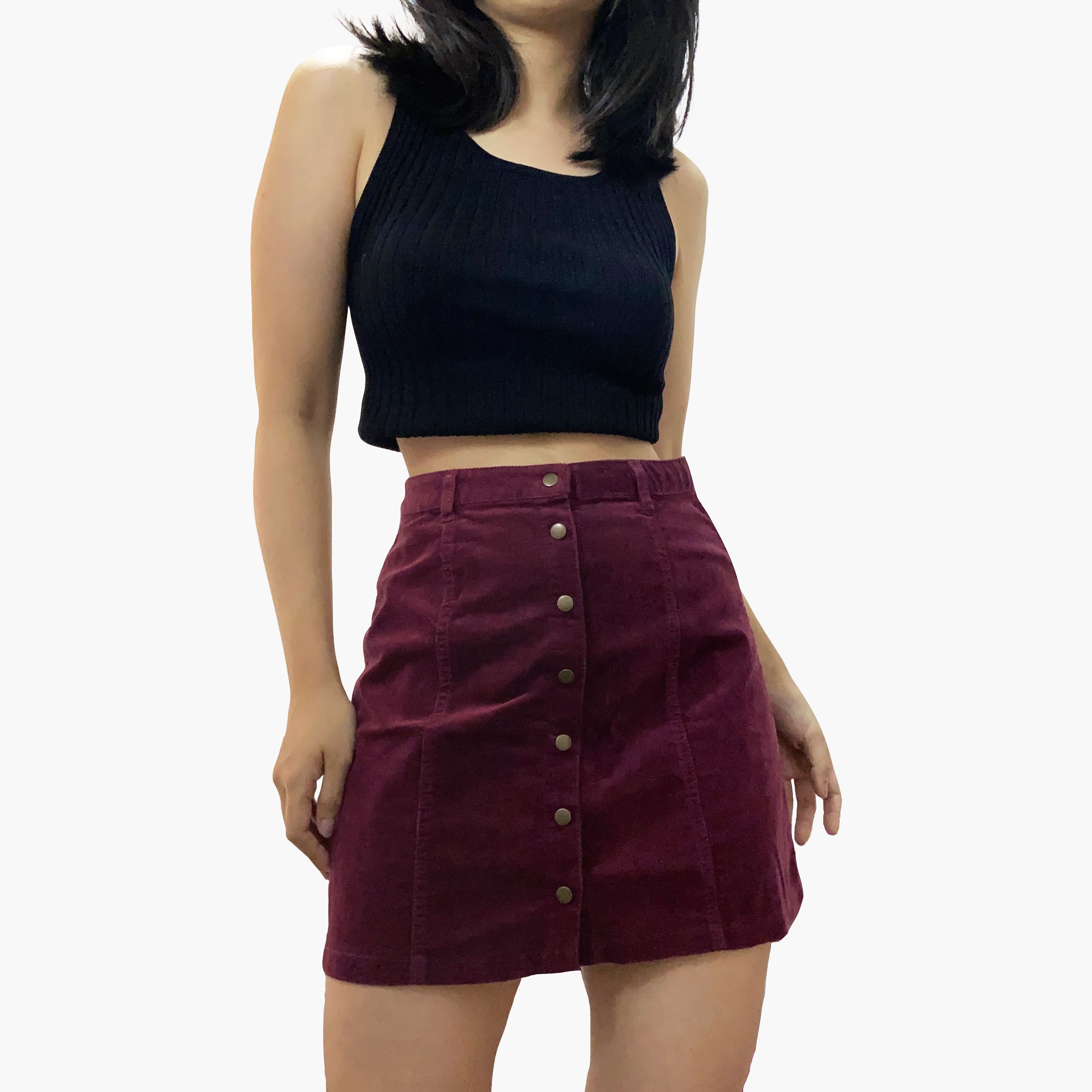 Forever 21 Burgundy Wine Corduroy A Line Button Down Short