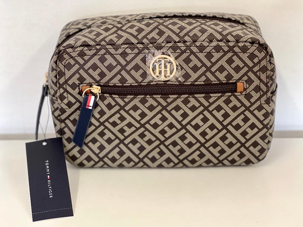 NEW TOMMY HILFIGER BROWN TRAVEL MAKEUP POUCH COSMETICS ORGANIZER CASE 68 SALE