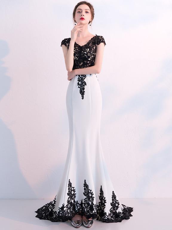 Pre order black white mermaid bodycon fishtail wedding prom evening dress gown RBP1743