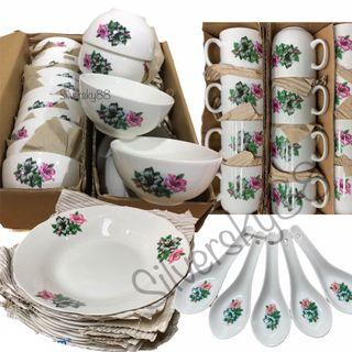Traditional porcelain plates vintage design bunga kangkung bowls plates cups spoons teapot 