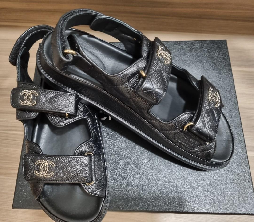 CHANEL, Shoes, Authentic Nwt Chanel Grained Calfskin Velcro Dad Sandals  Size 37 Us 7 In Black