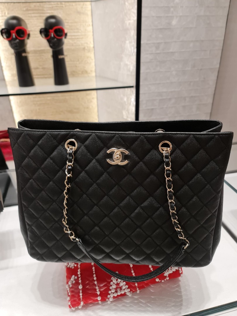 CHANEL Timeless CC Soft Quilted Caviar Leather Shopping Tote Bag Black