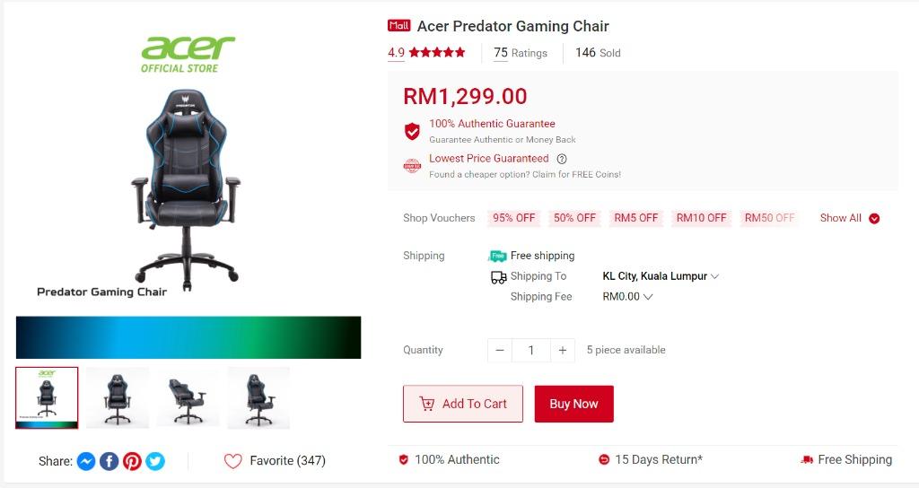 Gaming Chair ACER PREDATOR LK2341 GAMING CHAIR BLUE ACCENT, Furniture