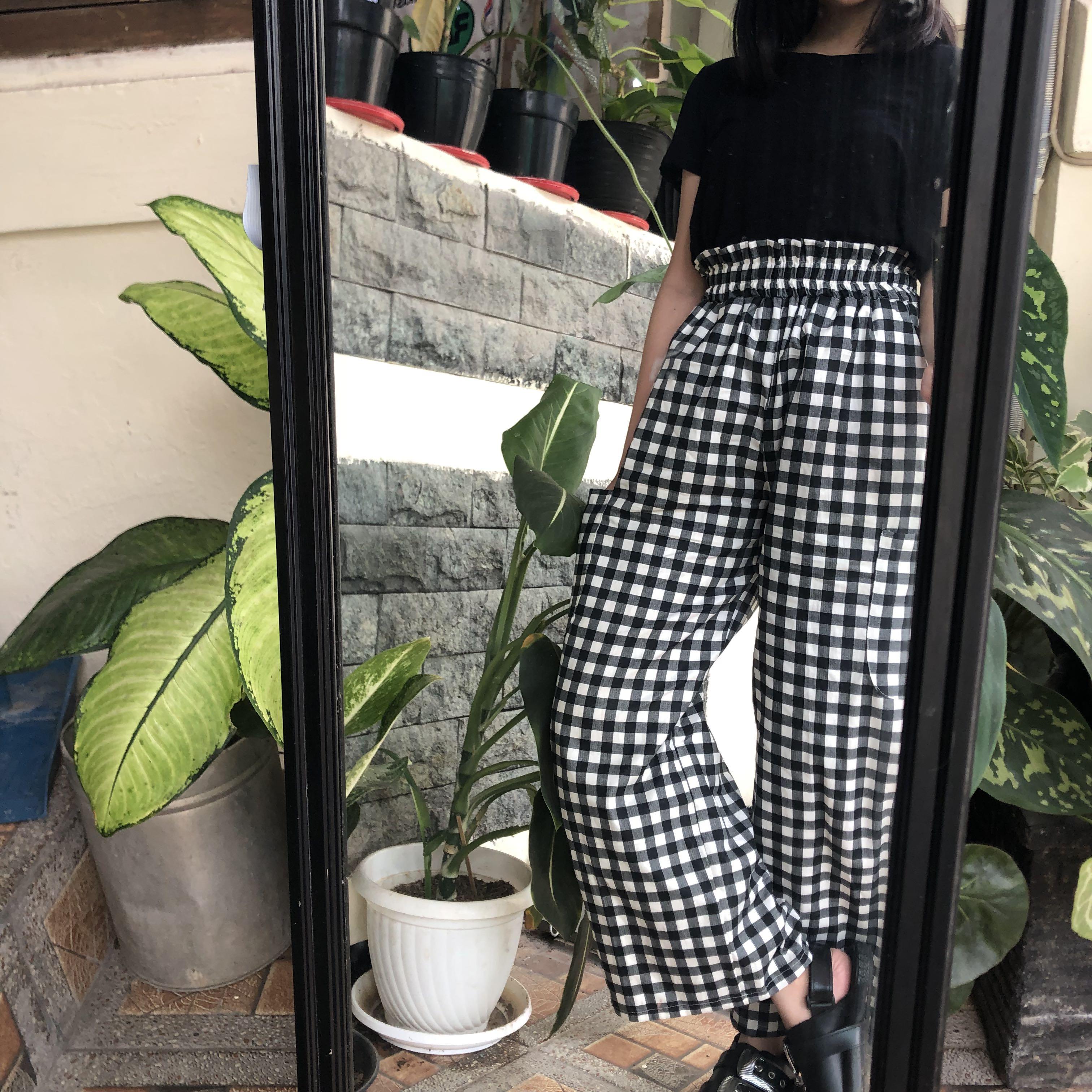 Gingham Pants Black, Fesyen Wanita 