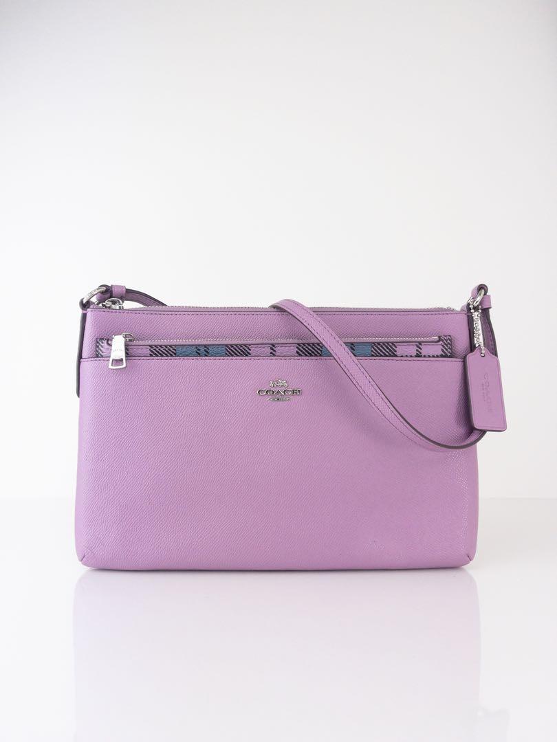 NEW COACH F22252 EW POP POUCH CROSSBODY SHADOW PLAID PRINT LILAC BLUE MULTI