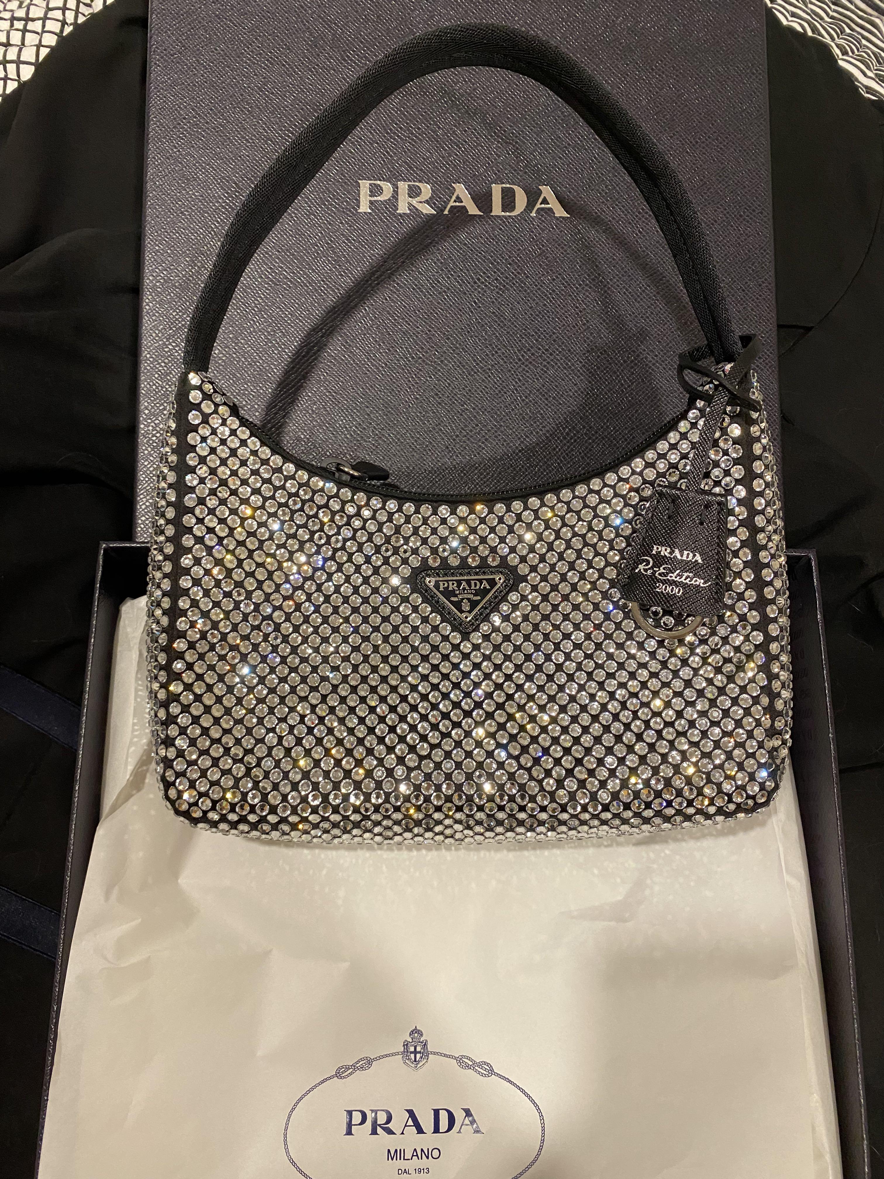 PRADA Satin Crystal Mini Re-Edition 2000 Bag Black 1256009