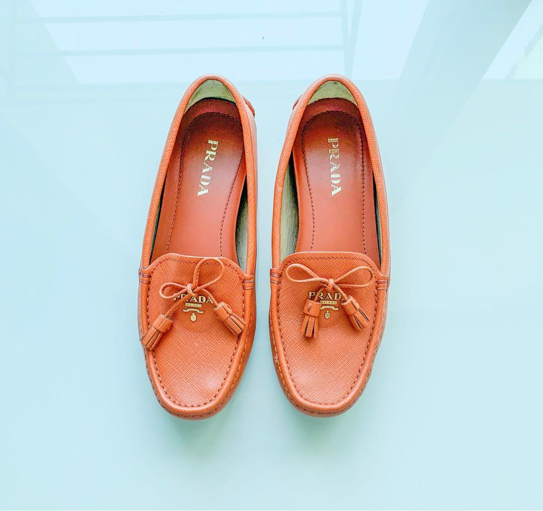 Prada Saffiano Orange Loafers, Women's Fashion, Footwear, Loafers on  Carousell