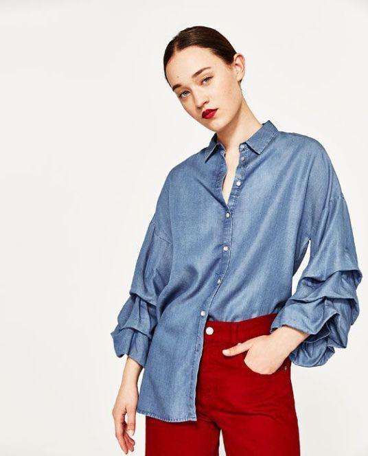 Zara denim chambray ruffle frill shirt 