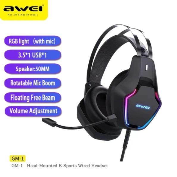 AWEI GM 1 Gaming Headset With Microphone Wired Headphone RGB Luminescence HIFI Stereo Gamer 3.5mm USB A For PC Computer