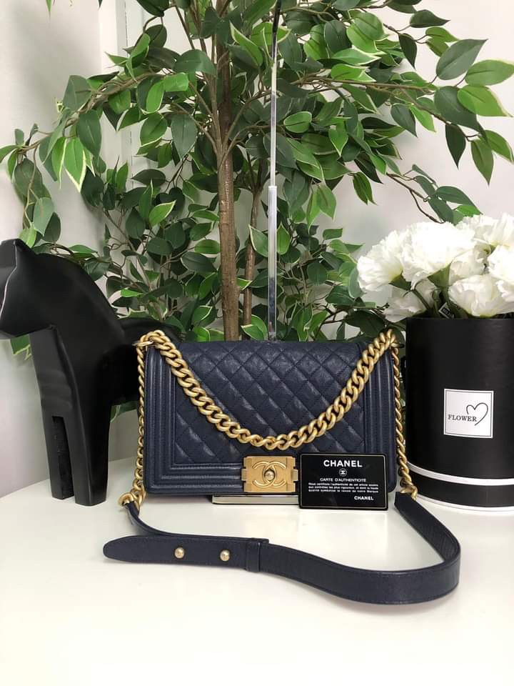 Chanel Le Boy Old Medium in Caviar in Navy Blue GHW, Luxury, Bags