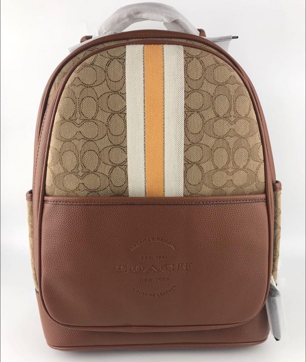 Coach Thompson Backpack in Signature Jacquard w/ Varsity Stripe (Brown), Women's Fashion, Bags