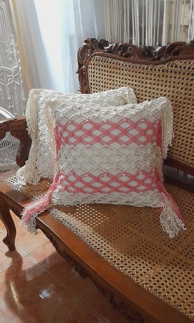 Coral pink macrame pillow (Category: Cushions & Throws) located in Binan City. Submitted by relizas_modern_macrame (Listing ID 1152045289, Image 1). Description: macrame 2tone accent pillow incudes macrame cover canvass pillowcase uratex pillow 18x18inches dm for orders.