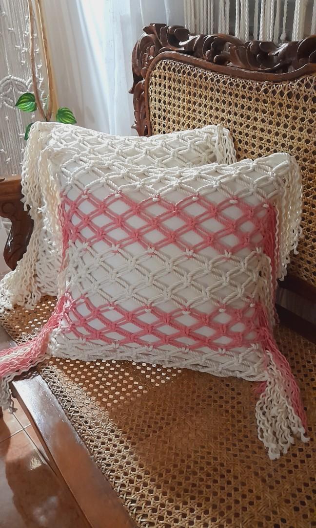Coral pink macrame pillow (Category: Cushions & Throws) located in Binan City. Submitted by relizas_modern_macrame (Listing ID 1152045289, Image 2). Description: macrame 2tone accent pillow incudes macrame cover canvass pillowcase uratex pillow 18x18inches dm for orders.