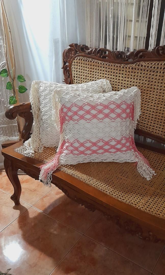 Coral pink macrame pillow (Category: Cushions & Throws) located in Binan City. Submitted by relizas_modern_macrame (Listing ID 1152045289, Image 3). Description: macrame 2tone accent pillow incudes macrame cover canvass pillowcase uratex pillow 18x18inches dm for orders.