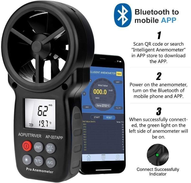 Digital Bluetooth Anemometer Handheld, AP007APP Wireless Anemometer