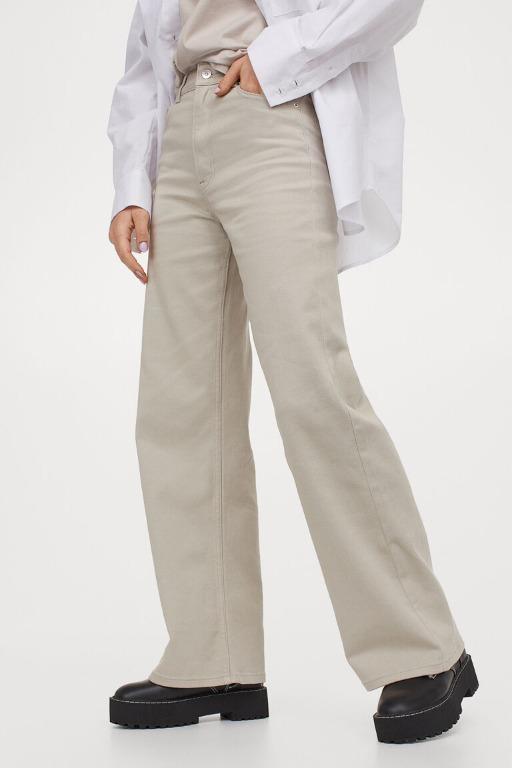 Wide-leg Twill Pants - Light beige - Ladies