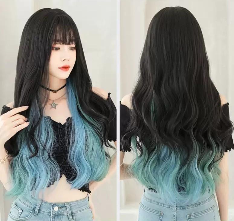 INSTOCK] Korean Black Turquoise Blue Highlight Streaks Long Airy Bangs Hair  Wig Adjustable/Breathable, Beauty & Personal Care, Hair on Carousell