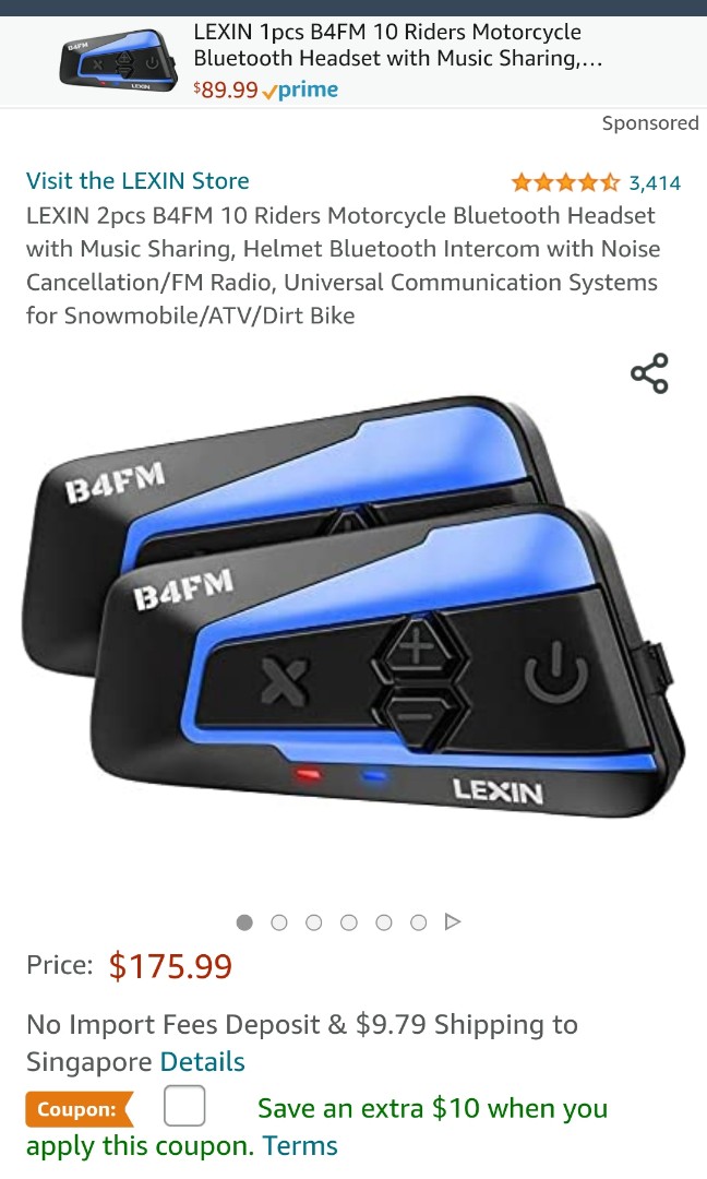 LEXIN 2pcs B4FM 10 Riders Motorcycle Bluetooth Headset with Music