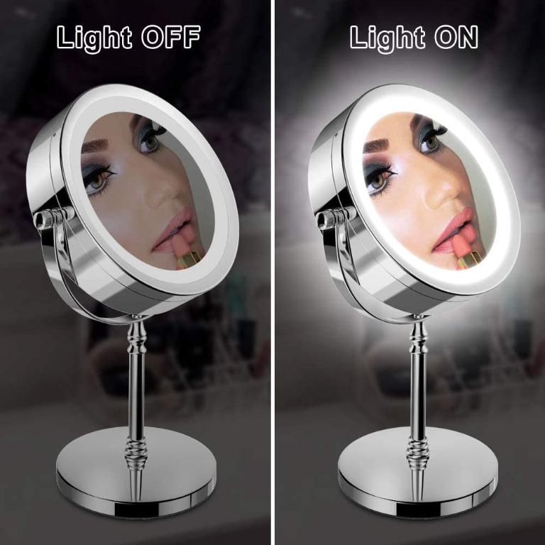 Lighted Makeup Mirror，NOTENS Double-Sided 1x/10x Magnifying 18 LED Lights 360 Rotation 7 Inch Illuminated Make Up Vanity Mirror with lights Round Shaped Stainless Steel Polished Chrome Finish 