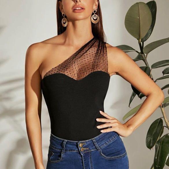 SHEIN One Shoulder Mesh Top, Women's Fashion, Tops, Blouses on Carousell
